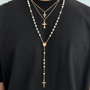 Ingemark 3Pcs/Set Vintage Cross Jesus Pendant Choker Necklace for Men Women Elegant Imitation Pearl Chain Party Jewelry Gifts