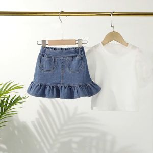 ชุดกระโปรงยีนส์เด็กผู้หญิง + เสื้อแขนพัฟ กระโปรงนัวเนีย กระโปรงหางปลา - DEARKID