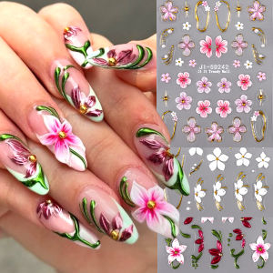 Embossed floral nail stickers hibiscus and camellia nail stickers spring and summer decorative stickers gold foil design nail