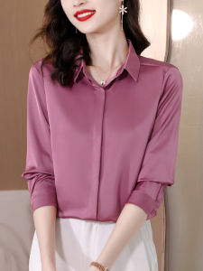 เสื้อเชิ้ตผู้หญิงผ้าซาตินระดับไฮเอนด์ แขนยาว ป้องกันริ้วรอย ไม่ต้องรีด เสื้อเชิ้ตผู้หญิงทำงานสไตล์วัยกลางคน แขนยาว ปกโปโล