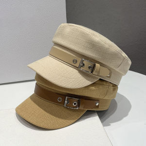 Fashionable Korean Style Cotton Linen Belt Buckle Short Brim British Retro Flat Top Painters Cap Womens Popular Accessory