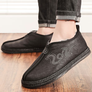 Beijing Style Embroidered Mens Cotton Shoes Winter Warm Thickened Velvet Retro Slip-On Casual Shoes Flat Heel round Toe Rubber Sole