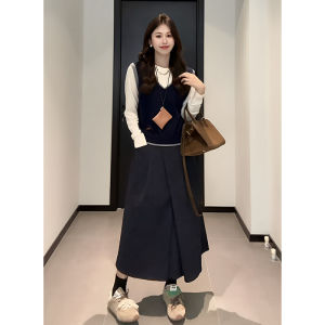 2025 New Womens Fashion Splice Long Sleeve T-Shirt Slim A-Line Midi Skirt Two-Piece Set Polyester Fiber Overhead Wear