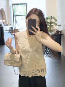New Chinese Style Sleeveless Shirt Women Summer New Lace Heavy Embroidery Jacket Vest Shoulder Top round Neck Short Sleeve