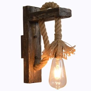 JOYINLED Hemp Rope Retro Wood Wall Lamp E27 Socket for Bar Loft Corridor Aisle American Decorative Wall Light Fixture Sconce