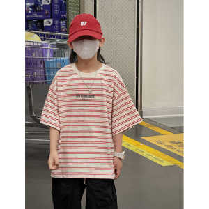 Boys Loose Fit Striped Short Sleeve T-Shirt Summer Casual Cotton Top Breathable Comfortable Street Style Childrens Fashionwear