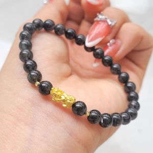 Vòng Ta Tóc Đen Mix Charm Tỳ Hưu Au 24K Và Bi Phay Au 10K  - Phong Thủy TUDO