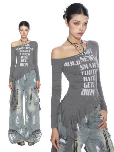 Ruffled Asymmetrical Shoulders Slimming T-Shirt