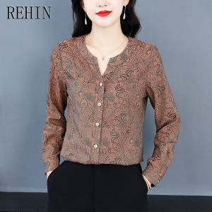 REHIN High-grade mulberry silk jacquard long-sleeved shirt round neck elegant ageing versatile floral women blouse
