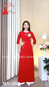 Áo dài thiết kế nền đỏ đính hoa voan trắng AT63 truyền thống may sẵn dự tiệc hội họp đám cưới Ảnh thật tự chụp Sẵn hàng