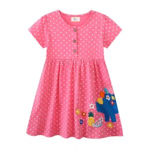 Jumping Meters Summer Dresses Giraffe Applique Embroidery Dresses for Girls Short Sleeve Dots Childrens Clothes Toddler Wear
