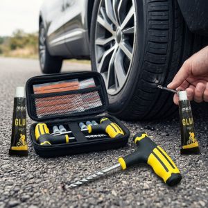Portable Car Tire Puncture Repair Kit T-Handle Tools Glue Strips Universal for Truck Motorcycle RV Roadside Safety
