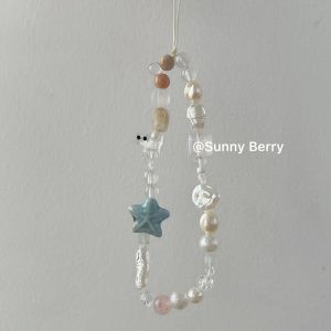 Blue Starfish White Cat Beaded Mobile Phone Chain Summer Freshness Girls Accessory Clear Transparent Chain Bag Pendant