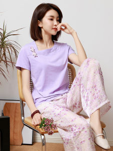Pure Cotton Short Sleeve T-Shirt Womens Summer New Two-Piece Set Button-Up Top Silk Long Pants Floral Print Ensemble