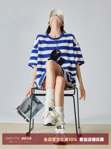 Klein Blue Striped Shiny Short Sleeve Womens T-shirt Mid-Length Loose Top Summer Commute Simple Style Polyester Fiber