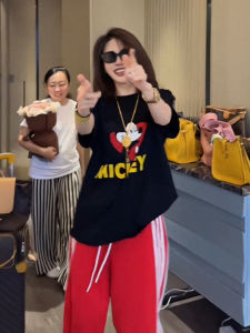 Áo Thun Tay Ngắn in Họa Tiết Mickey Màu Đen Phong Cách Mỹ Thường Ngày Mùa Hè 2025 Cho Nữ Áo Thun Cotton Rộng Rãi Thoáng Khí Chống Mài Mòn