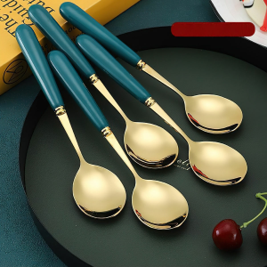 Đũa Thìa Dĩa inox mạ vàng cán sứ xanh cổ vịt sang trọng BAUHO