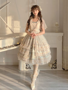 Original Sunflower Word Lolita Elegant Girlish Sweet Princess Dress in Lace with Short Sleeves and Mid-Skirt Length