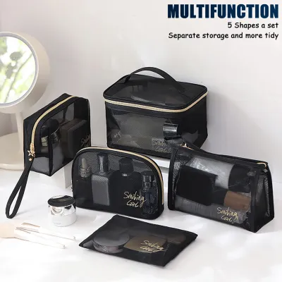 FOCANO Black Mesh Cosmetic Bag Travel Storage Case Makeup Pouch Portable Large Toiletry Organizer Bag