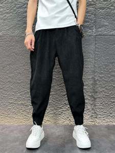 กางเกงลำลองชาย ทรงหลวม ทรงเข้ารูป ผ้ากำมะหยี่ กางเกงขายาวสีดำ กางเกงขายาวทรงฮาราจูกุ ฤดูใบไม้ร่วง/ฤดูหนาว กางเกงขายาวลำลอง สไตล์ลำลอง