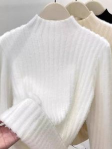 เสื้อสเวตเตอร์ถักคอปกสูงแบบหนาสำหรับผู้หญิงในฤดูใบไม้ร่วงและฤดูหนาว เสื้อชั้นในแบบหนาพิเศษพร้อมฮู้ดแบบสวมหัว