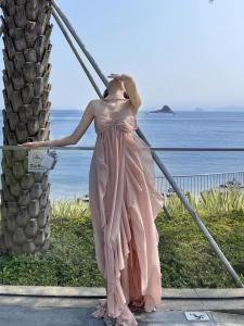 Thai Style Vacation Long Skirt Womens Name Lady High-End Sensation Pure Desire Hanging Neck Tube Top Backless Uneven Chiffon Dress