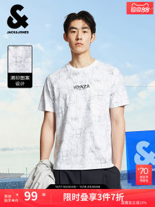 เสื้อยืดแขนสั้นผ้าฝ้ายแท้ Jack Jones สำหรับผู้ชาย ฤดูใบไม้ร่วง 2025 ลายพิมพ์เต็มตัว ลายตัวอักษร ทรงหลวม คอกลม ทรงหลวม