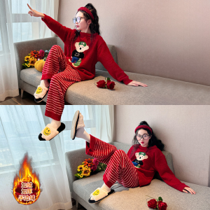 2025 Snake Year Childrens Pajamas Coral Fleece Thickened Home Clothes Red Set Long Sleeve round Neck Cartoon Single Button