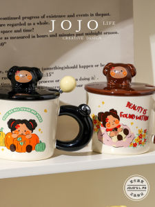 Ceramic Cup with Lid High Aesthetic Value Home Use Couple Water Cup Cartoon Design Single Ear Handle 350ml Capacity
