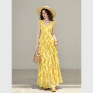 Yellow French Holiday Style Chiffon Waist-cinched Sleeveless Flared Hem Dress