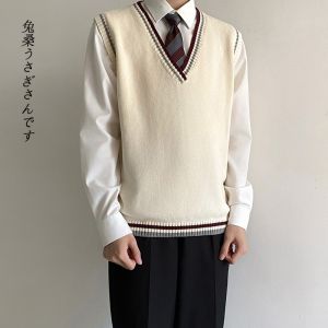Knitted V-Neck Male Sweater Vest No-Sleeve Youthful Style DK Uniform Red Woolenwear for Teens Daily Use Four Seasons Suitable