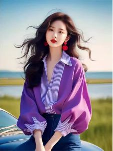 เสื้อเชิ้ตแขนโคมไฟลายทางสีม่วงสำหรับผู้หญิง ทรงหลวม แขนยาว ปกติ ผ้าผสมอื่นๆ เสื้อเชิ้ตผู้หญิงฤดูใบไม้ร่วง ดีไซน์ใหม่ หรูหรา