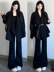 Black High Waist Drapey Wide Leg Suit Pants Womens Spring Autumn Slimming Horse Hoof Pants Korean Style Commute Fashion