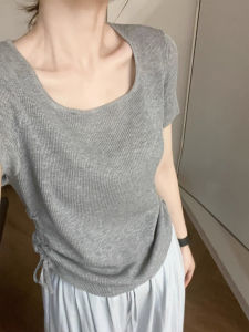 Áo Thun Tay Ngắn Cổ Vuông Màu Xám Thanh Lịch Cho Nữ Mùa Hè Áo Thun Rút Dây Dáng Ôm Vừa Vặn Chất Liệu Lụa Băng Áo Thun Thường Ngày