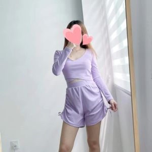 (M size) Used / Preloved Purple Long Sleeves V Neck Set Top + Pants Crop Top Sporty Casual Baju 二手DS Cotton时尚爆款休闲套装2件套运动服