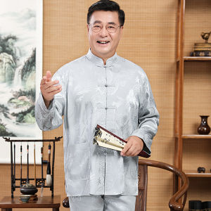 Ice Silk Long Sleeve Mens Tang Suit Birthday Dads Wardrobe Spring Autumn Middle Age Hanfu Knitted Geometric Pattern Casual Wear