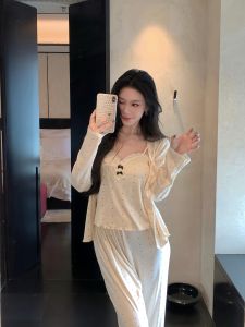 Bộ Đồ Ngủ Modal Dài Tay Cho Nữ Mùa Thu Đông Thường Ngày in Họa Tiết Bướm Ba Mảnh Có Đệm Ngực Thoải Mái Mặc Ở Nhà