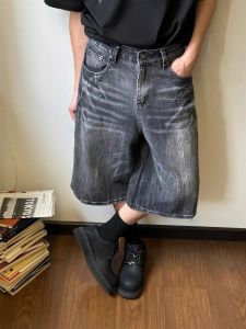 American Retro Street Washed Lightning Pattern Seven-Foot Jeans & Loose Wide Leg Straight Casual Shorts for Men