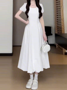 Summer White Dress Womens Beach Vacation French Long Dress GATTIBOR Sweet Style High Waist A-Line Skirt Short Sleeve round Neck