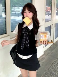 College Style Three Piece Set Small Shirt Vest Mini Skirt Summer Outfit Casual Fashion Womens Clothing Cotton Short Sleeve