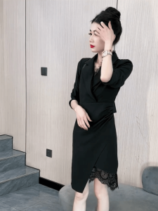 Elegant High Waist Suit Dress Commute Lace Paneling Slimming One Step Womens Fashion Autumn Winter Long Sleeve Midi Dress