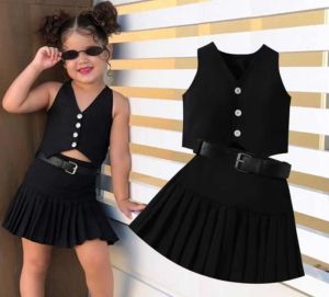 100 Percent Cotton Girls Outfit: Sleeveless Vest & Pleated Skirt Set