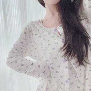 Bộ Đồ Ngủ Modal Mùa Hè Thường Ngày Cổ Tròn in Hoa Áo Cardigan Dài Quần Dài Dây Đeo Ngoài Trời Thoải Mái Mặc Ở Nhà