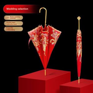 Wedding Bride Red Umbrella Long Handle Large Red Lace Trimmed Rain Umbrella Marriage Celebration Customizable Gift for Women