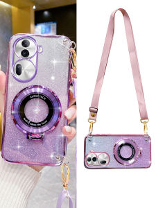 Oppo Reno11 Car Magnetic Absorption Stand Phone Case Silicone Crossbody Lanyard Strap Protective Cover for Reno10 pro New Model Flash Powder