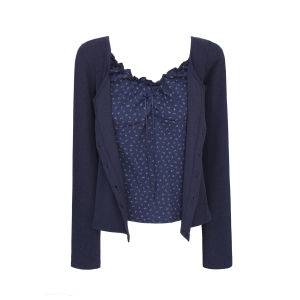 Pure Desire Sweet Spicy Short Fake Two-Piece Floral Lace Trim Long Sleeve T-Shirt Womens Open Cardigan Autumn New Arrival