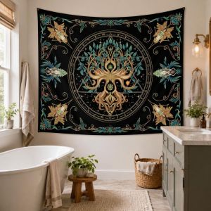 VIKAMA Cây Sự Sống Huyền Bí Tấm Thảm Cung Hoàng Đạo Thiết Kế Thực Vật Polyester Treo Tường Cho Phòng Ngủ Ký Túc Xá Phòng Khách Ấm Cúng Mềm Mại Bền Đẹp