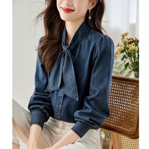 September Momo V-neck Ribbon Bowknot Western Style Fashion Loose Belly-Covering Slim Looking Denim Shirt Tops Women