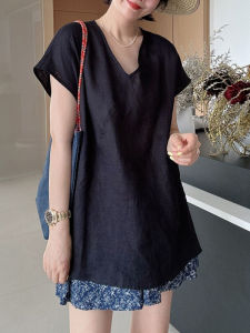 BINKAFENNY | Plus Size Black V-Neck Short Sleeve Loose Fit Slimming Split Shirt