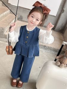 Bộ Đồ Trẻ Em Nữ Mùa Thu Phong Cách Mới Váy Denim Tay Bồng Ba Mảnh Thời Trang Cho Bé Gái Mặc Hợp Thời Trang